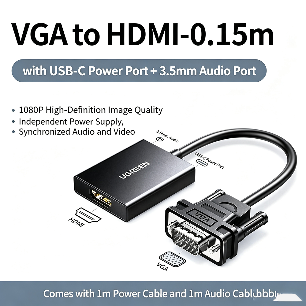 0.15M UGREEN VGA Male to HDMI  - Hdmi Vga Adapter avaliação e preço